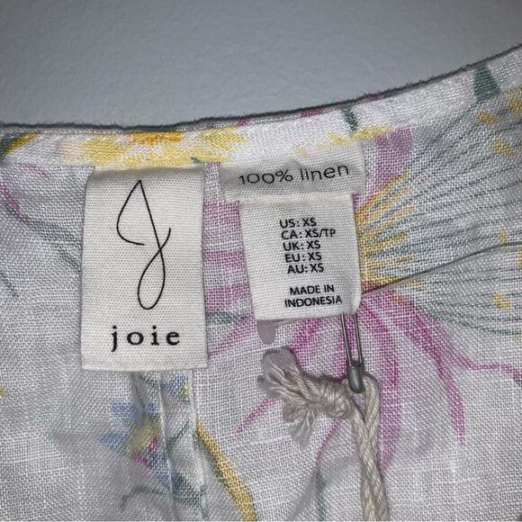 Joie Dress Size Extra Small White Floral Linen Short Frilly Sleeve Oversized NWT - Picture 3 of 9